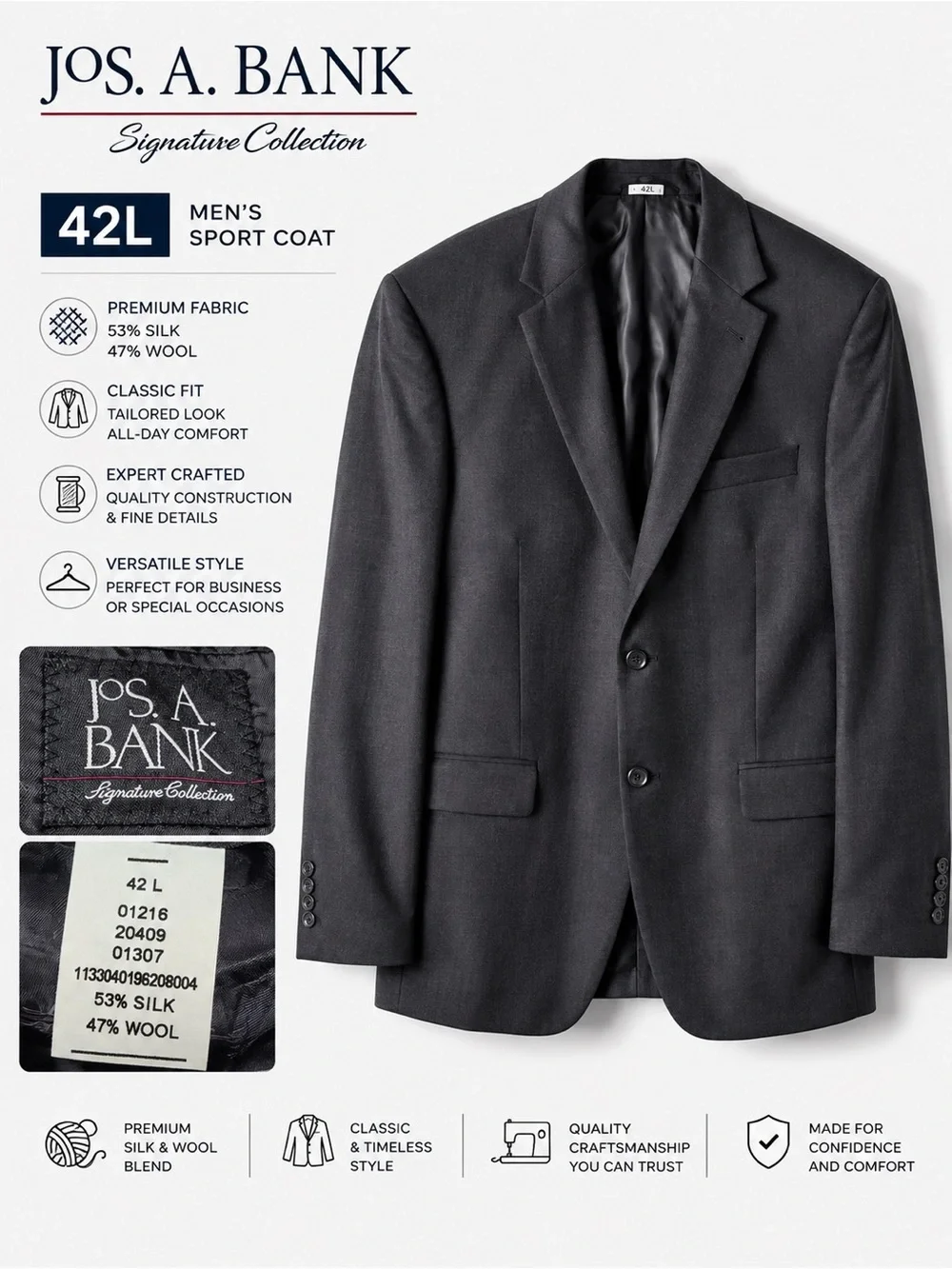 Jos. A. Bank Signature Collection Silk Wool Coat Blazer Men’s 42L Charcoal Gray
